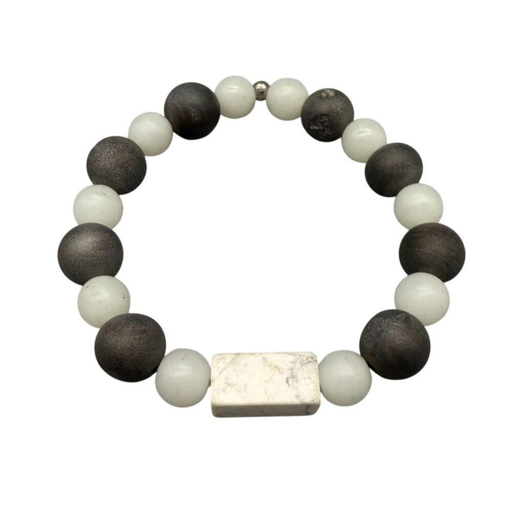 Matte Black & White Beaded Stretch Bracelet Rectangular Stone Modernlook